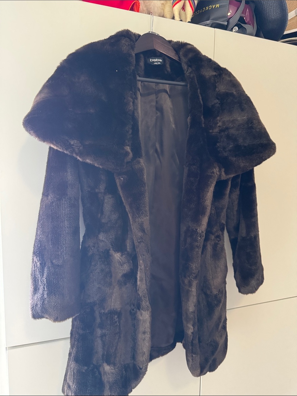 bebe Dark Brown Faux Fur Coat with Oversized Collar